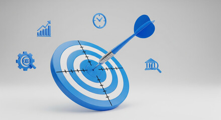blue target with dart and various icons on a pristine white background, symbolizing time, growth, inspection, and analysis