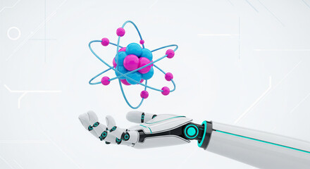 robotic hand holding atom model with blue and pink spheres