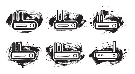 Wi-Fi routers network devices are depicted in a grunge style illustration set, symbolizing modern connectivity and digital communication.