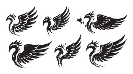 Obraz premium Stylized phoenix bird illustrations with powerful wings are depicted in a dynamic brushstroke art style, suitable for various design projects.