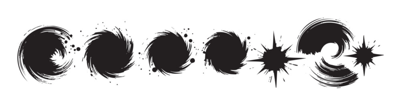 Black ink brush strokes and splatters create a dynamic, abstract collection of grunge design elements with artistic texture and expressive forms.