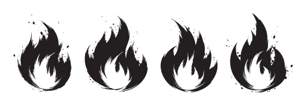 Four stylized black fire icons with a grunge brushstroke effect, showcasing a dynamic and artistic representation of heat, energy, and passion.