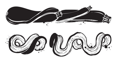 Stylized black ink brush stroke vegetables and abstract wavy elements with grunge texture, ideal for modern graphic design and artistic projects.