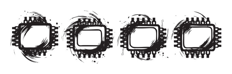 Fototapeta premium Four grunge microchip illustrations with artistic brush strokes and splatter effects, representing technology and digital concepts in a creative, modern style.