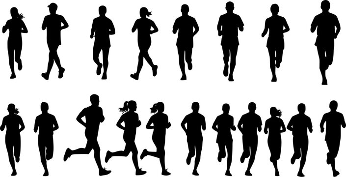 Run. Running men and women, vector set of isolated silhouettes