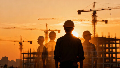 Foreman work construction foreman worker silhouette sunset crane site safety helmet teamwork