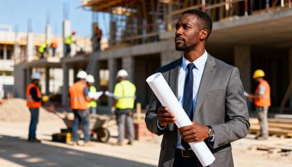 Foreman standing with blueprints overseeing construction site with team working and planning confidently