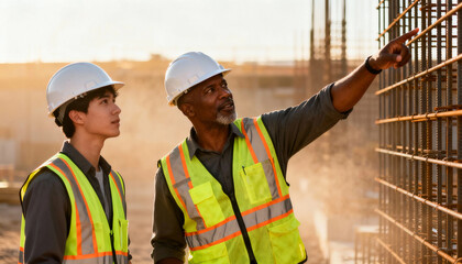 Foreman work construction site safety vest hard hat mentor pointing instructing young worker at sunrise giving guidance