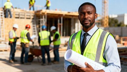 Experienced foreman at work holding blueprints on construction site with crew and scaffolding in background