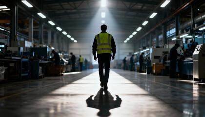 Foreman work factory worker walking down aisle in large industrial workshop lit by overhead lights showing teamwork and focus