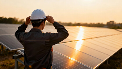 Foreman solar engineer monitoring solar panel array at sunset inspecting work with protective helmet and reflective light
