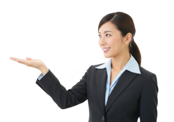 Professional asian businesswoman in a dark suit offering a gesture of presentation or welcome isolated on transparent background
