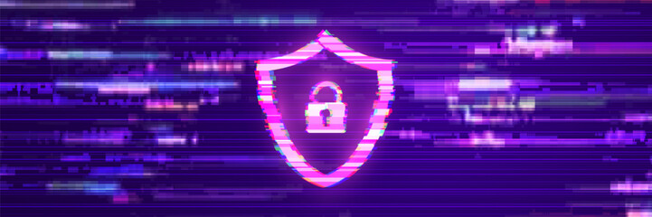 Cybersecurity Glitch Lock and Shield Symbol on Dark Background Representing Data Protection, Firewall and Secure Access. System Under Hackers Attack. Ransomware Lock Vector Illustration. © ec0de