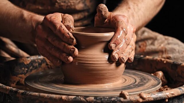 Close up hands shaping clay pottery wheel creating ceramic art craft work