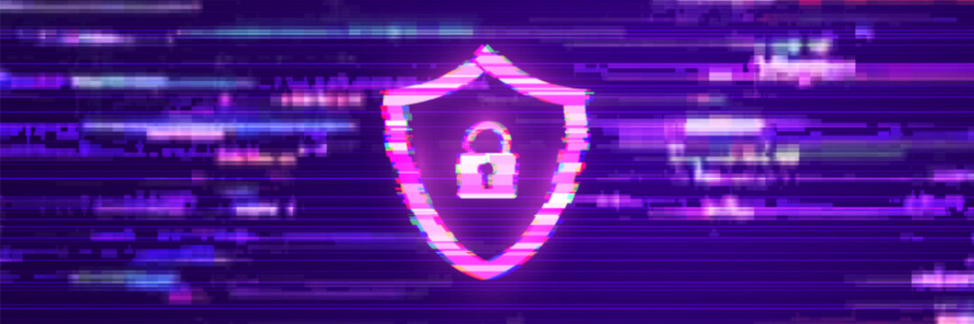 Cybersecurity Glitch Lock and Shield Symbol on Dark Background Representing Data Protection, Firewall and Secure Access. System Under Hackers Attack. Ransomware Lock Vector Illustration.