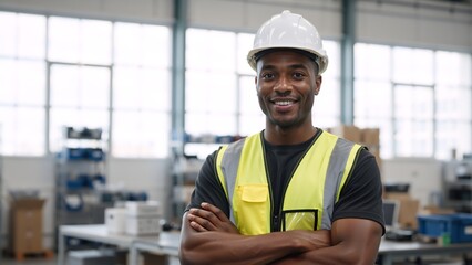 Confident black factory worker smiling at the camera. Portrait of a professional industrial employee in a hard hat and safety vest inside a warehouse