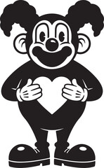 Black and white cartoon character with large ears, smiling and holding a heart shape