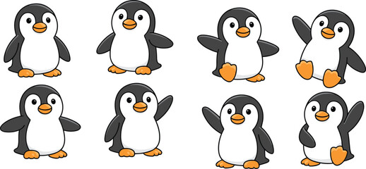 Cute cartoon penguin characters, playful winter animals, adorable arctic birds illustration, cheerful penguins waving and standing, fun kids design artwork