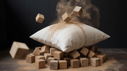 Wooden blocks impacting a soft pillow creating a dust cloud against a dark background with floating elements representing conceptual ideas