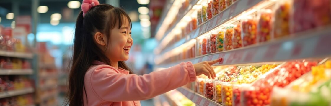 Young Asian girl happily selects colorful sweets from supermarket aisle display. She smiles widely while choosing treats from numerous candy options on store shelves.