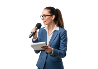 Professional businesswoman wearing glasses and a blue suit holding a microphone and notepad isolated on transparent background