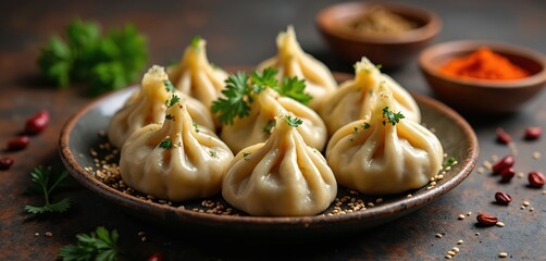 Close-up of Georgian khinkali dumplings on rustic plate. These meat filled pouches are served hot with fresh herbs and spices. Traditional Georgian cuisine, savory food, delicious meal.