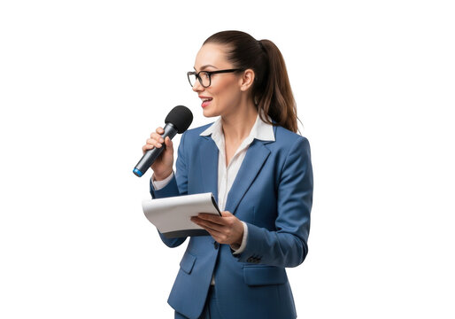 Professional businesswoman wearing glasses and a blue suit holding a microphone and notepad isolated on transparent background