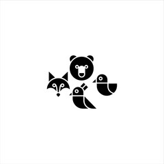 4  geometric animal shapes fox, bear, bird, solid black vector fill, white background