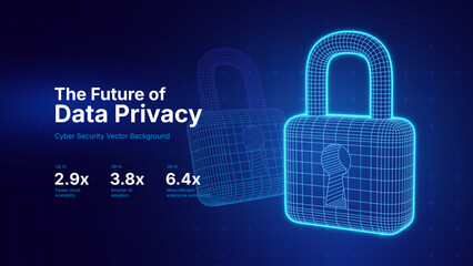Future of Data Privacy Protection. Cyber Security Padlock. Digital Lock Concept on Futuristic Blue Background. Technology and Encryption Theme. Vector Illustration.