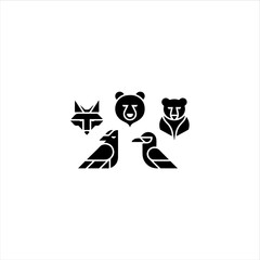 5 geometric animal shapes fox, bear, bird, solid black vector fill, white background