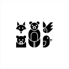 6 geometric animal shapes fox, bear, bird, solid black vector fill, white background