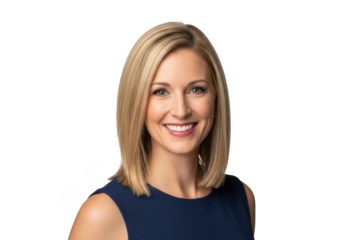Professional headshot of a smiling blonde woman with medium length hair wearing a dark blue dress isolated on transparent background