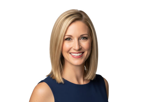 Professional headshot of a smiling blonde woman with medium length hair wearing a dark blue dress isolated on transparent background