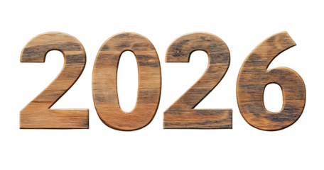 Wooden numbers 2026 with visible grain texture isolated on a transparent background image