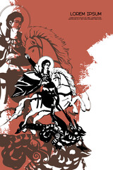 Religious vintage poster template with Saint George. Christian illustration in Byzantine style