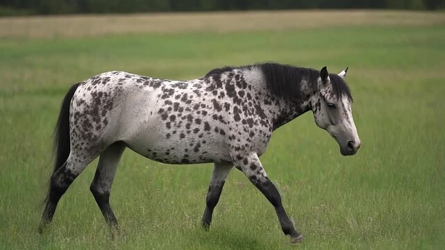 Appaloosa horse walking in a grassy field, summer day, mp4 video. AI