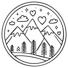 Stylized mountain landscape with pine trees hearts and stars in a circle