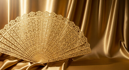 Golden ornate fan on draped satin, creating an elegant aesthetic. It represents sophistication and refinement, ideal for luxury design concepts.