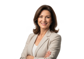 Professional businesswoman smiling confidently with arms crossed wearing a light colored blazer isolated on transparent background