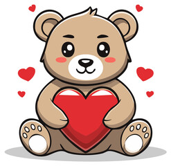 Obraz premium Cute teddy bear holding a large red heart surrounded by smaller hearts, cartoon style