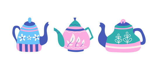 Teapots, cartoon set. Tea time. A hot, healthy, and warming drink in a brightly colored teapot. Hand-drawn ceramic kettle.