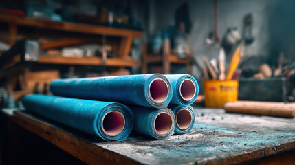 Blue paper rolls on workshop table suggesting manufacturing decline in small craft studio with tools and dust