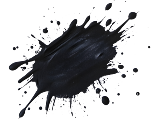 A dynamic black ink splash with scattered droplets, isolated on transparent background. Ideal for artistic designs, grunge effects, mixed media compositions, and bold creative visuals.