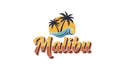 Obraz premium Stylized Malibu logo featuring a tropical sunset with palm trees and ocean waves, rendered in warm, vibrant colors.