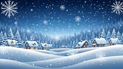 Snowy village landscape with houses and trees under a starry night sky with snowfall and snowflakes in a serene winter wonderland scene