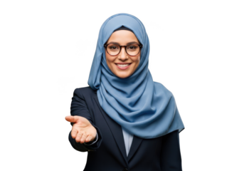 Young muslim woman wearing a blue hijab and glasses offers a welcoming handshake isolated on transparent background