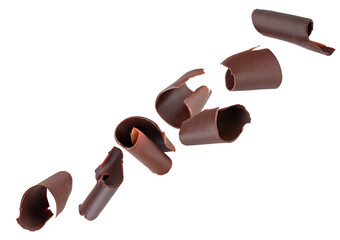 Chocolate curls fly through space, forming a chain. Isolated on white.
