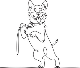 Continuous line art illustration of excited dog holding leash with natural sketch contour
