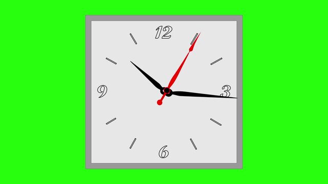 Animated square analog clock with ticking hands on green screen. Time lapse and deadline concept for business, schedule, or countdown videos