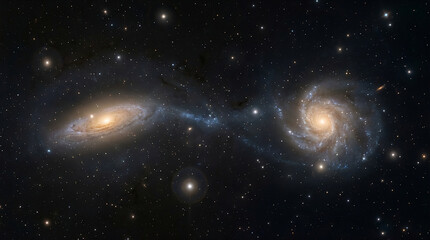 Obraz premium Two spiral galaxies in deep space, one appears to be merging with the other, creating a cosmic dance